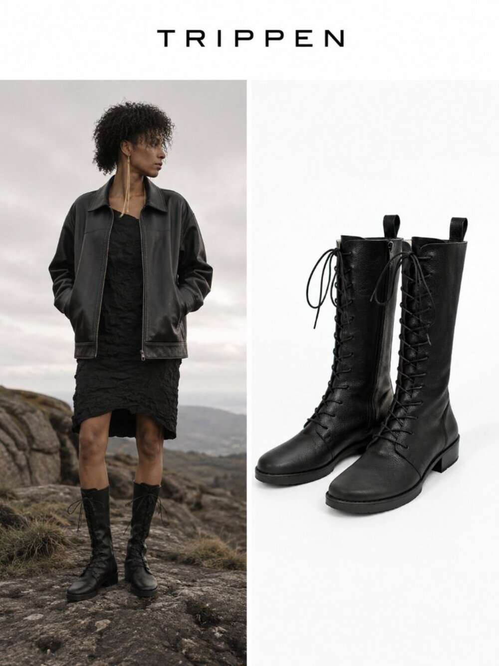 Trippen Rush F Black Leather Knee High Lace Up Boots EU 37 Made in Germany